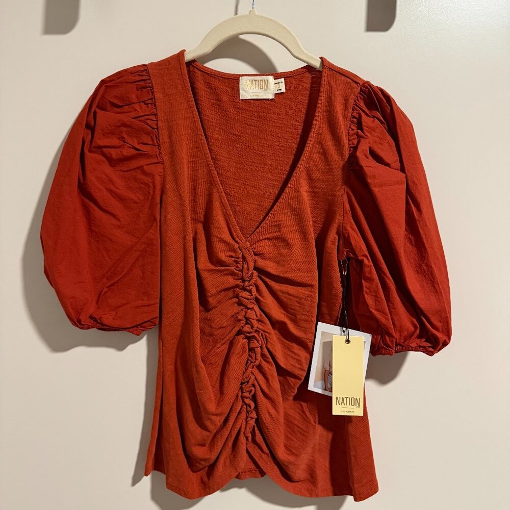Nation Ltd Rust Ruched Puff Sleeve Top Size Small NWT